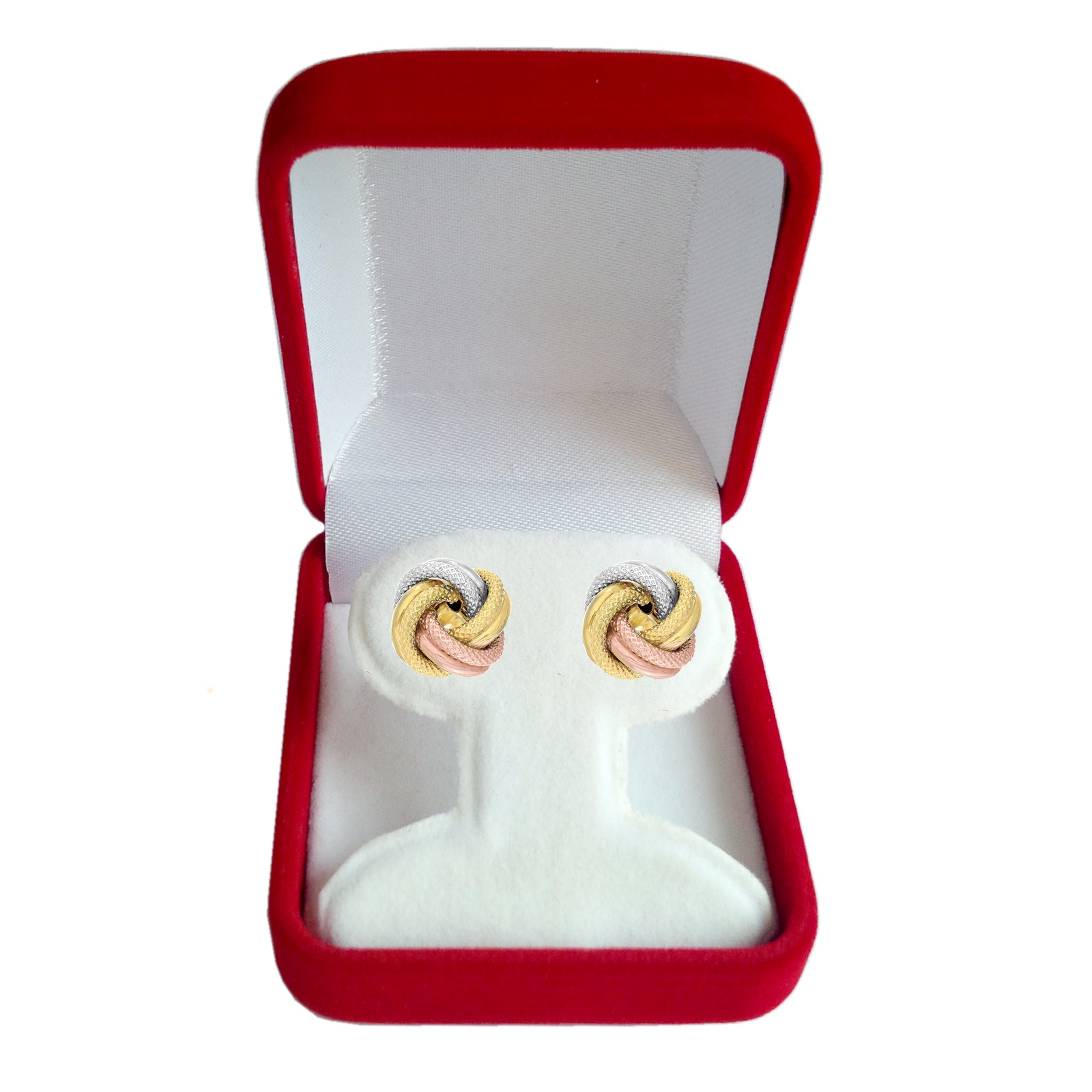Boucles d'oreilles à tige avec nœud d'amour tricolore texturé et brillant 14 carats, bijoux de créateur fins de 10 mm pour hommes et femmes