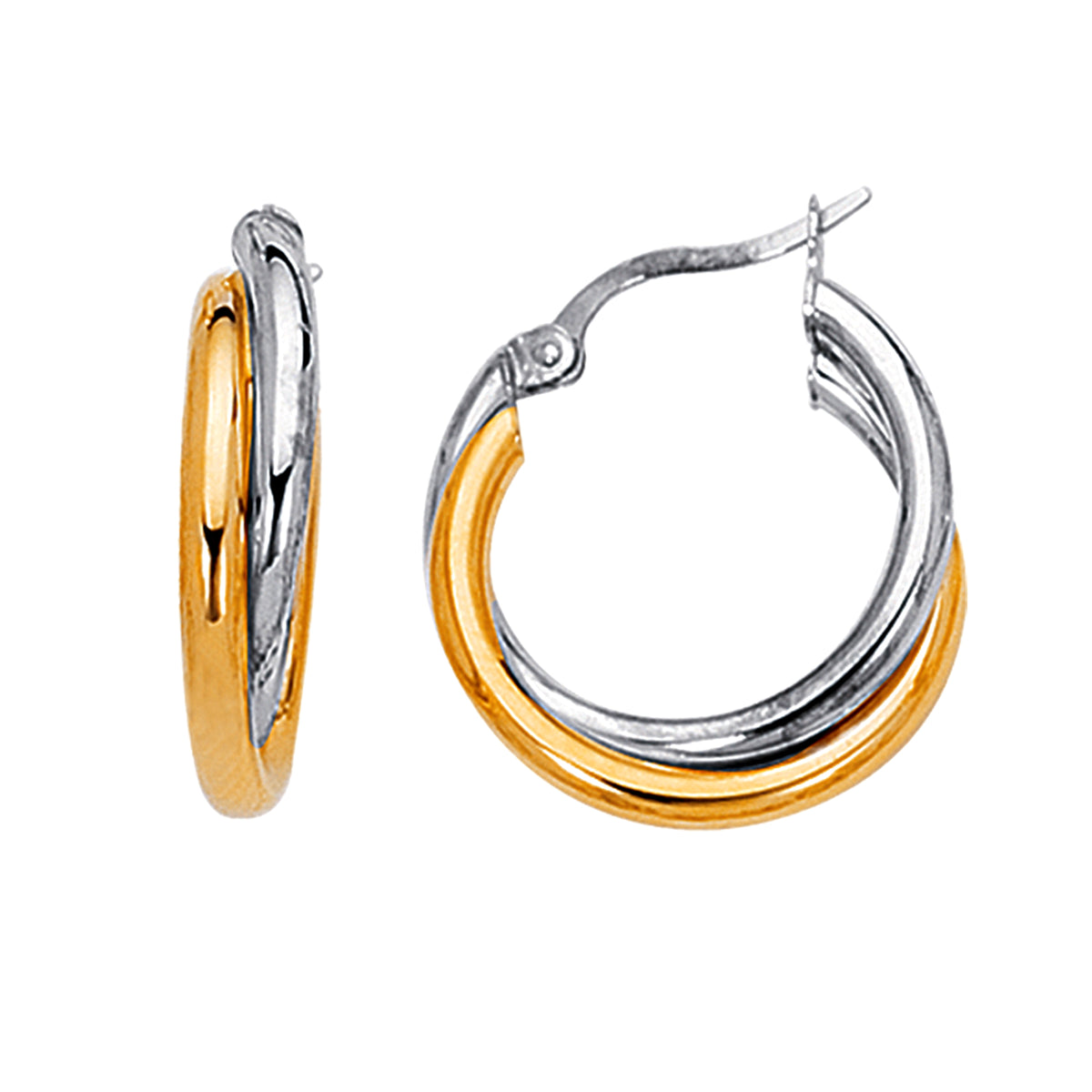 14K Yellow And White Gold Two Tone Double Hoop Earrings, Diameter 24mm fine designer jewelry for men and women