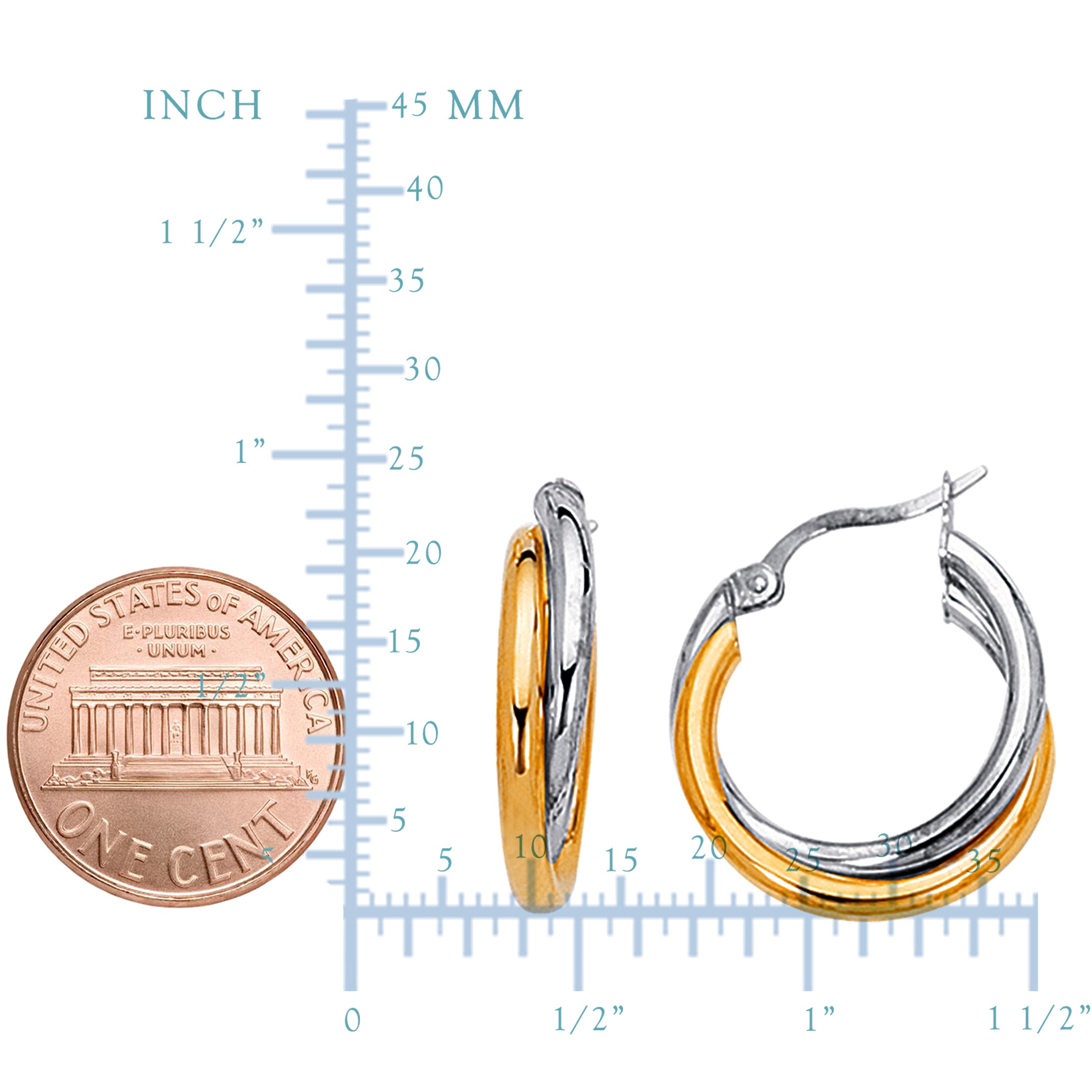 14K Yellow And White Gold Two Tone Double Hoop Earrings, Diameter 24mm fine designer jewelry for men and women
