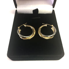 14K Yellow And White Gold Two Tone Double Hoop Earrings, Diameter 24mm fine designer jewelry for men and women