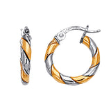 14K Yellow And White Gold Two Tone Small Twisted Hoop Earrings, Diameter 17mm