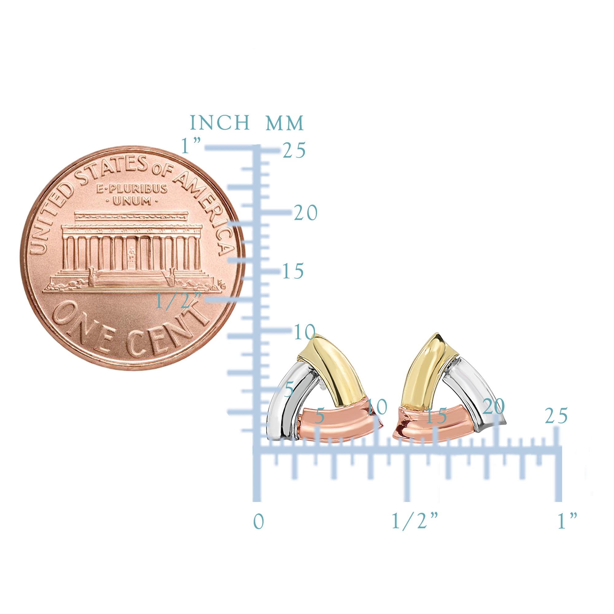 Boucles d'oreilles à tige en forme de triangle ouvert tricolore jaune rose et or blanc 14 carats, bijoux de créateur fins de 10 mm pour hommes et femmes