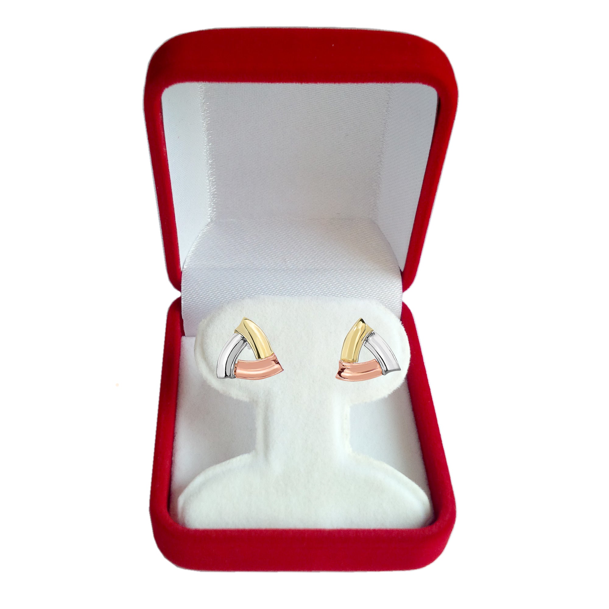 Orecchini a bottone a forma di triangolo aperto tricolore giallo rosa e oro bianco 14k, gioielli di design da 10 mm per uomini e donne