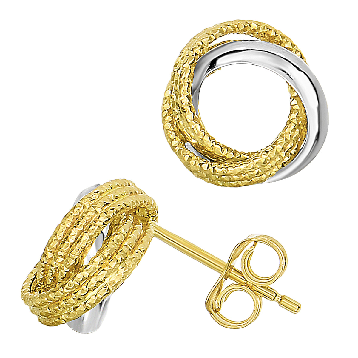 14k tvåfärgade guld glänsande och texturerade öppna infinity knut örhängen, 10 mm fina designersmycken för män och kvinnor