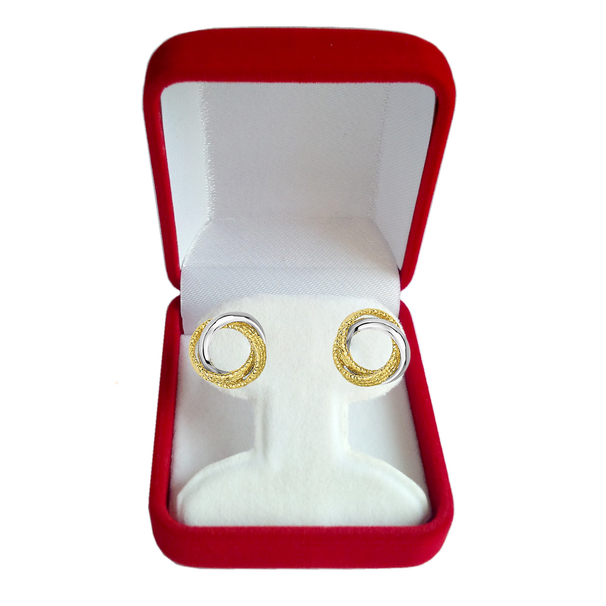 14 karat tofarget gull med skinnende og teksturert åpen uendelig knute øredobber, 10 mm fine designersmykker for menn og kvinner