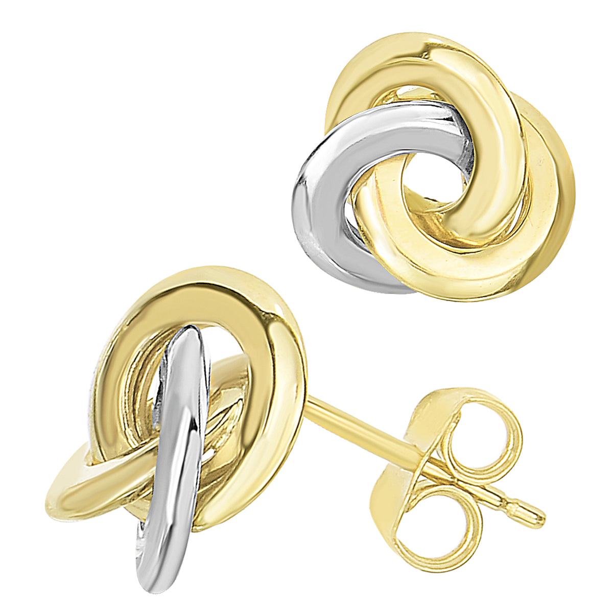 14k Two Tone Gold Love Knot Style Stud Örhängen, 11 mm fina designersmycken för män och kvinnor