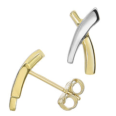 14k Two Tone Gold Shiny X Style Stud Earrings, 12 X 6mm
