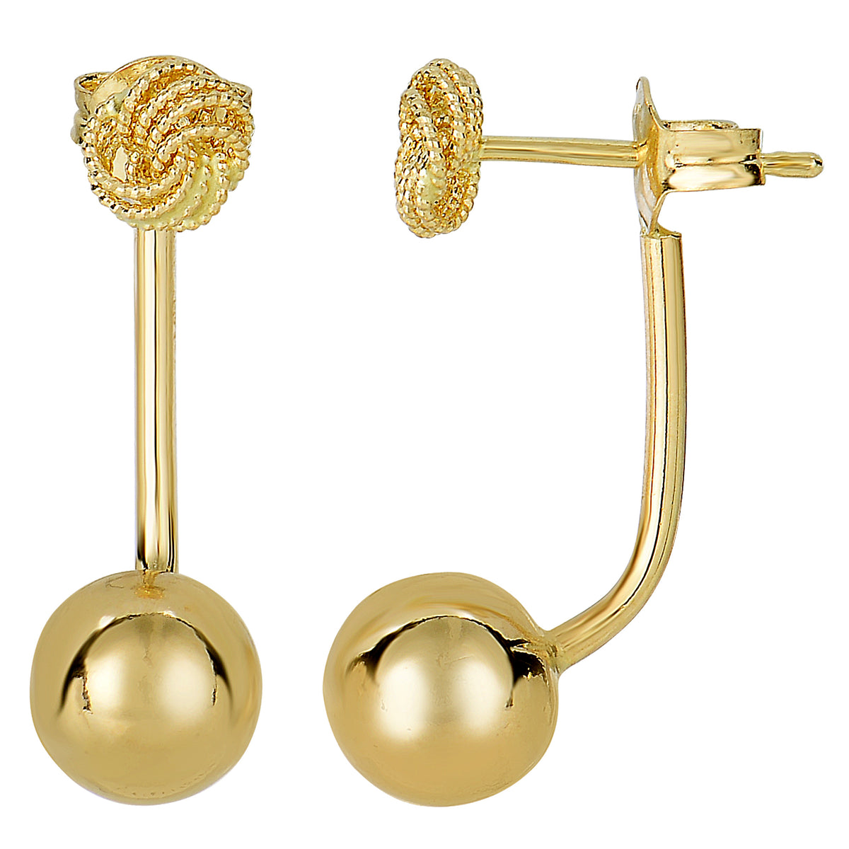 14k Yellow Gold Ball And Love Knot Belly Ring Climber Style Earrings, 8mm