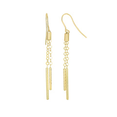 14K Yellow Gold Shiny And Diamond Cut Cylinders On Chain Drop Earrings