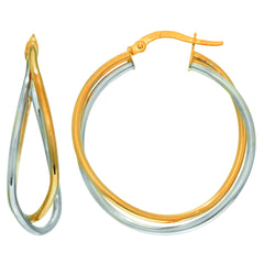 14K Yellow And White Gold Criss Cross Double Row Hoop Earrings, Diameter 30mm
