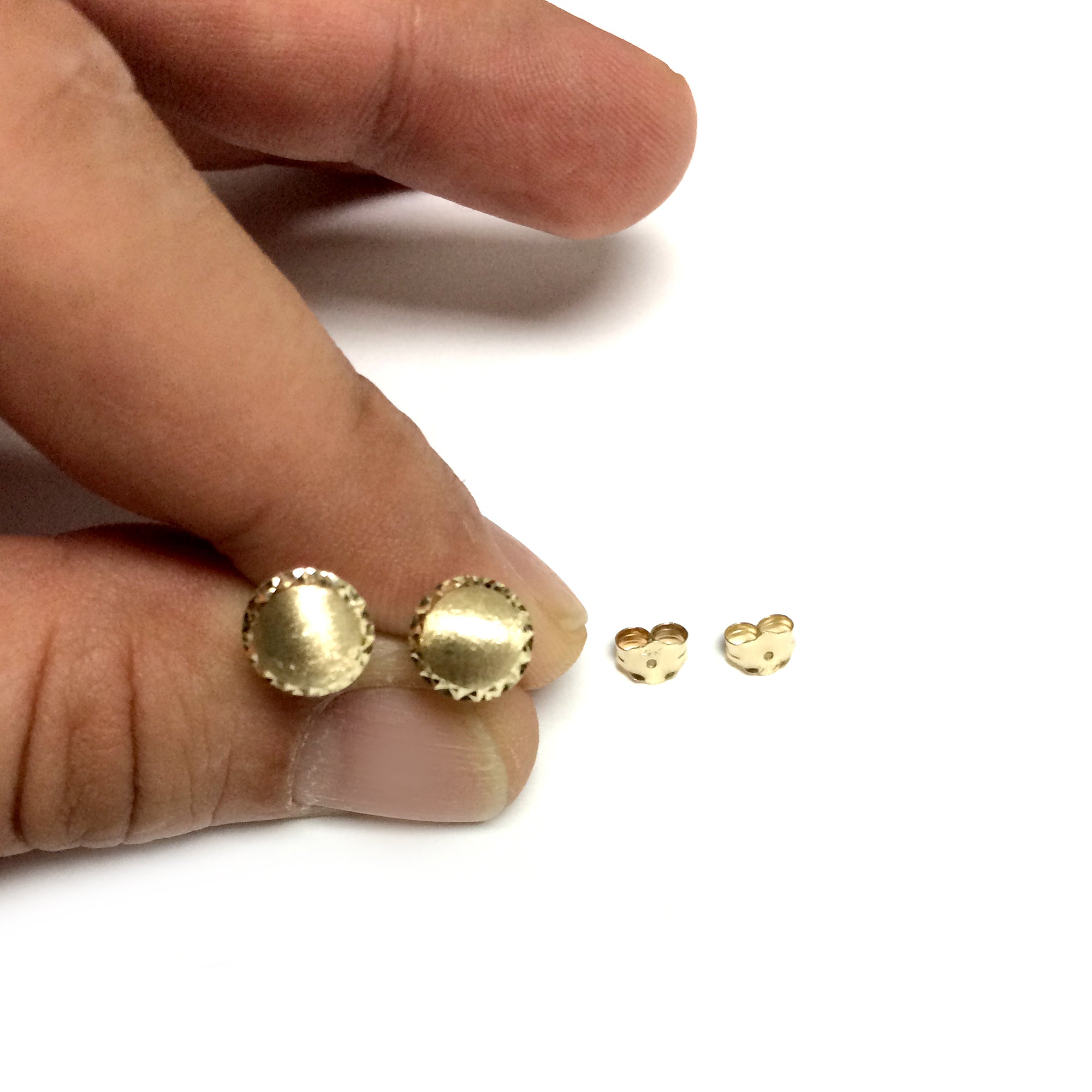14k Yellow Gold Satin With Diamond Cut Edges Stud Earrings, 8mm fine designer jewelry for men and women