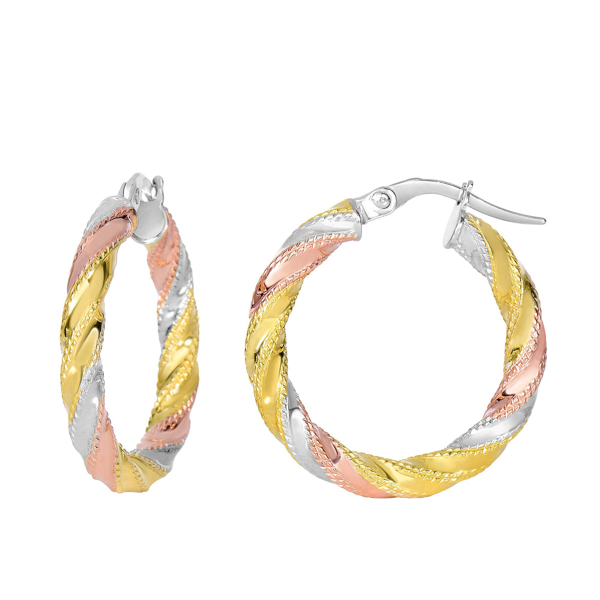14K Yellow And White Rose Gold Twisted Round Hoop Earrings, Diameter 20mm
