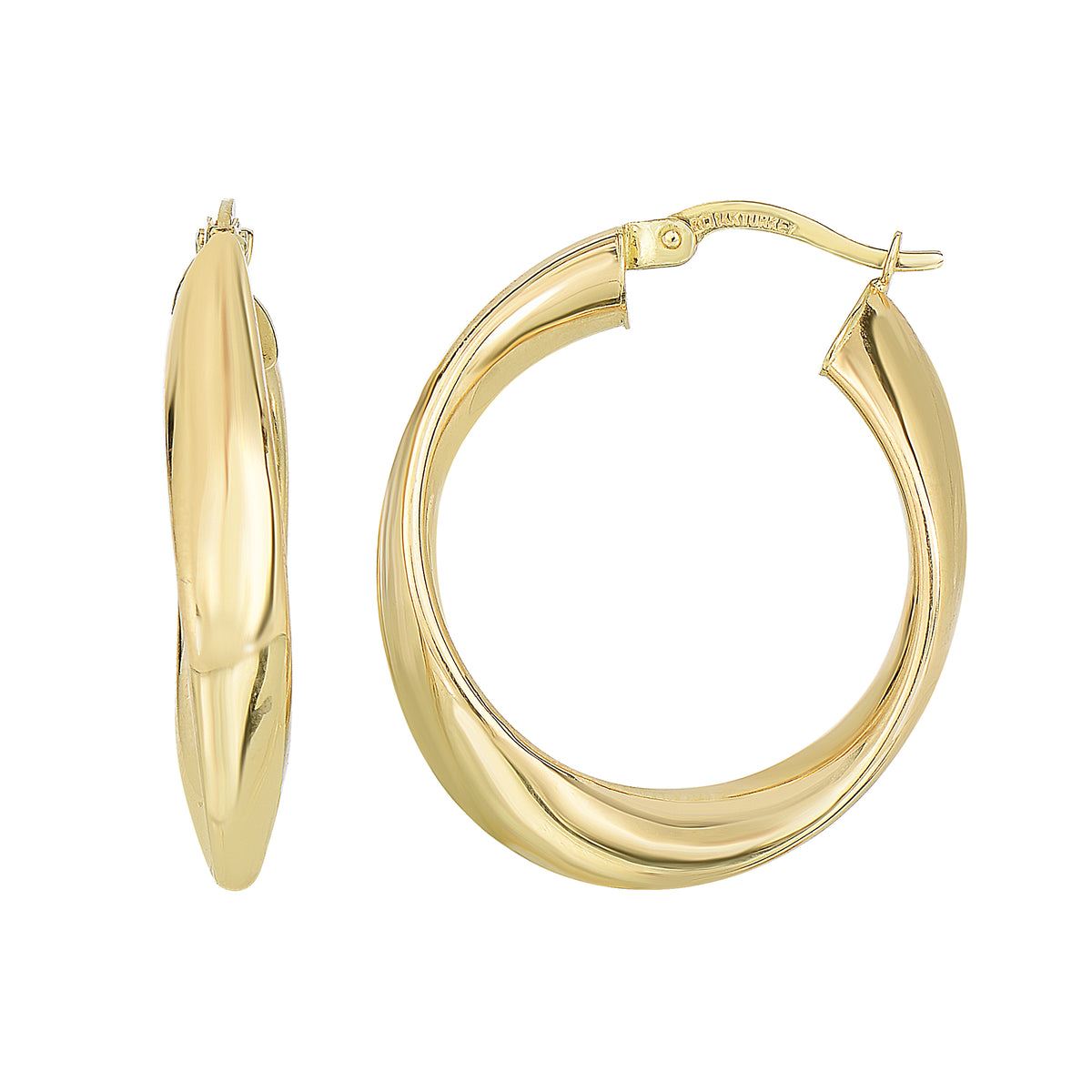 14K Yellow Gold Shiny Twisted Oval Hoop Earrings, Diameter 21mm