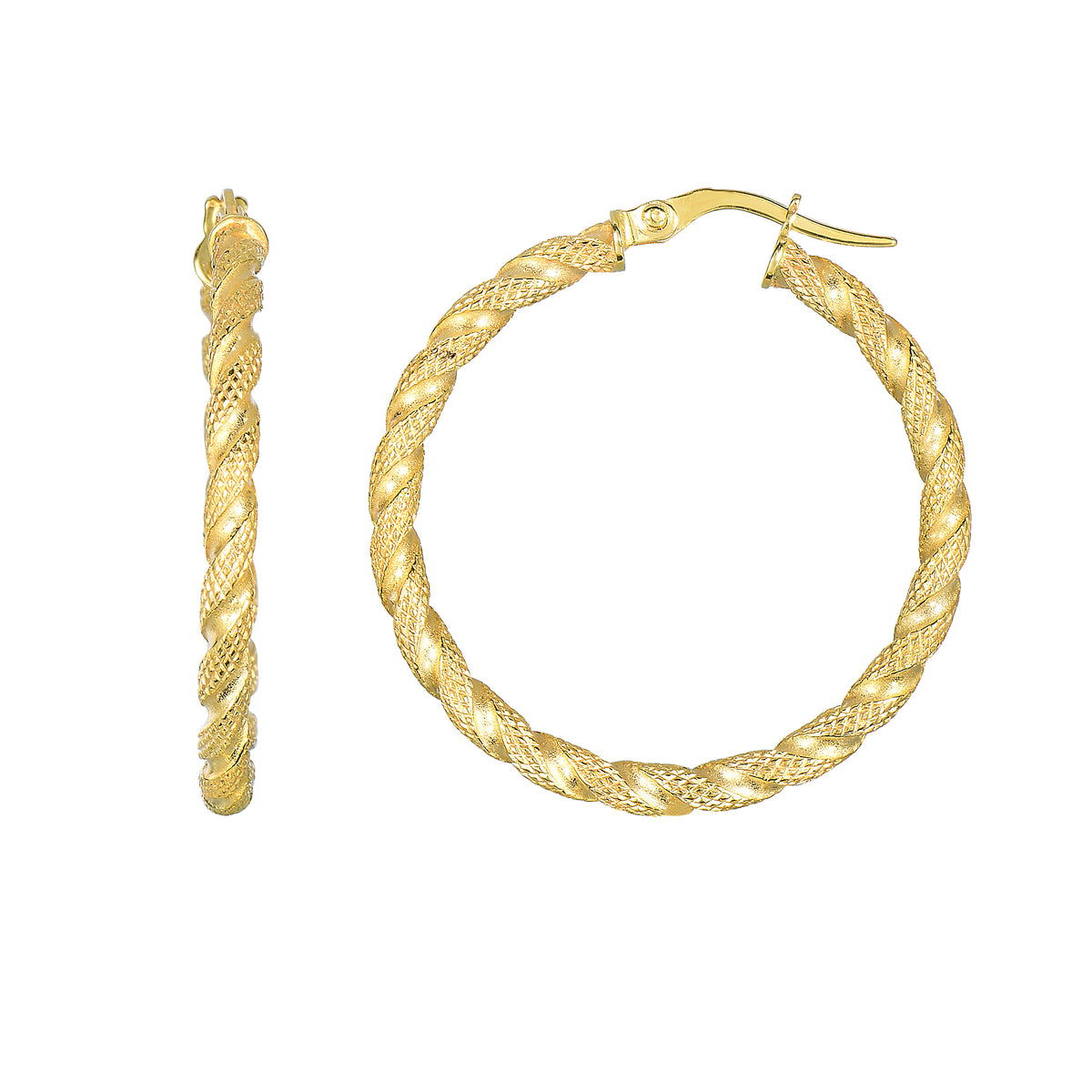 14K Yellow Gold Matt Textured Round Hoop Earrings, Diameter 30mm