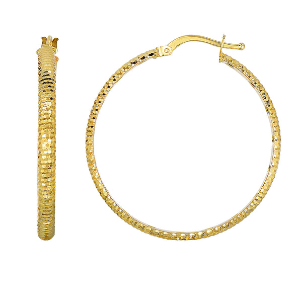 14K Yellow Gold Diamond Cut Round Hoop Earrings, Diameter 32mm