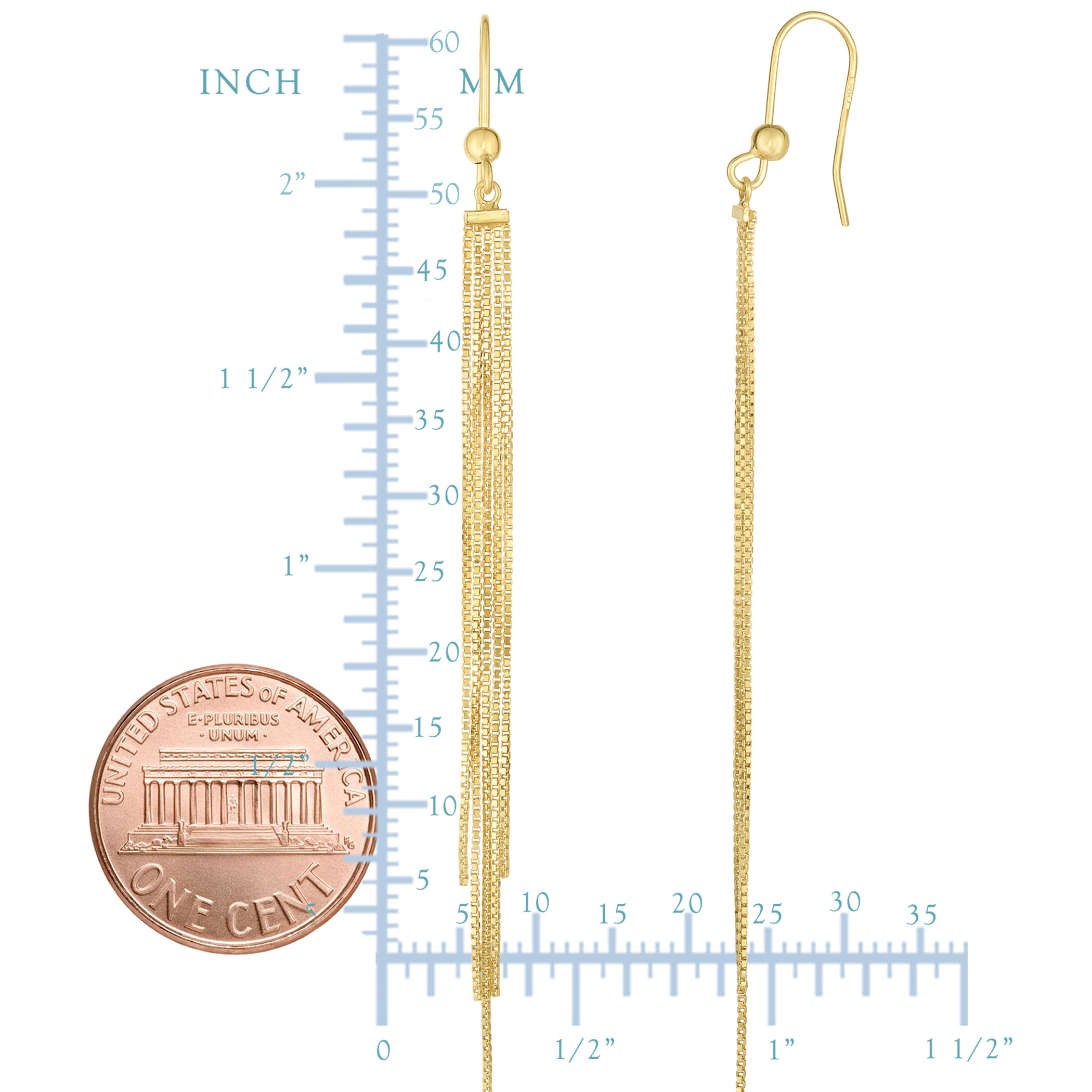 14K Yellow Gold 5 Strand Box Chain Tassel Drop Earrings fine designer jewelry for men and women
