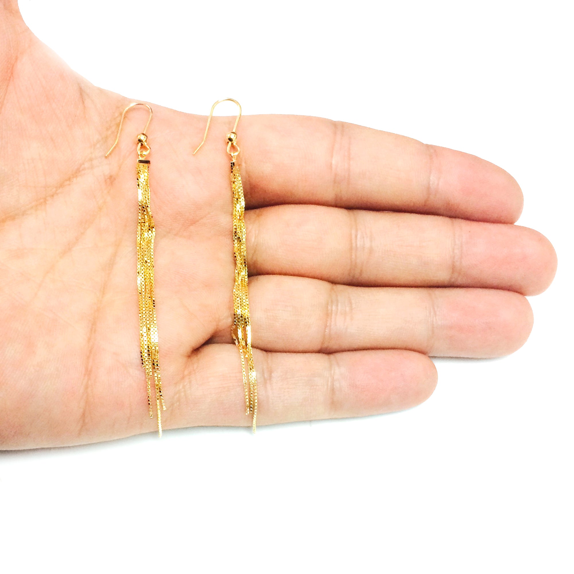 14K Yellow Gold 5 Strand Box Chain Tassel Drop Earrings fine designer jewelry for men and women