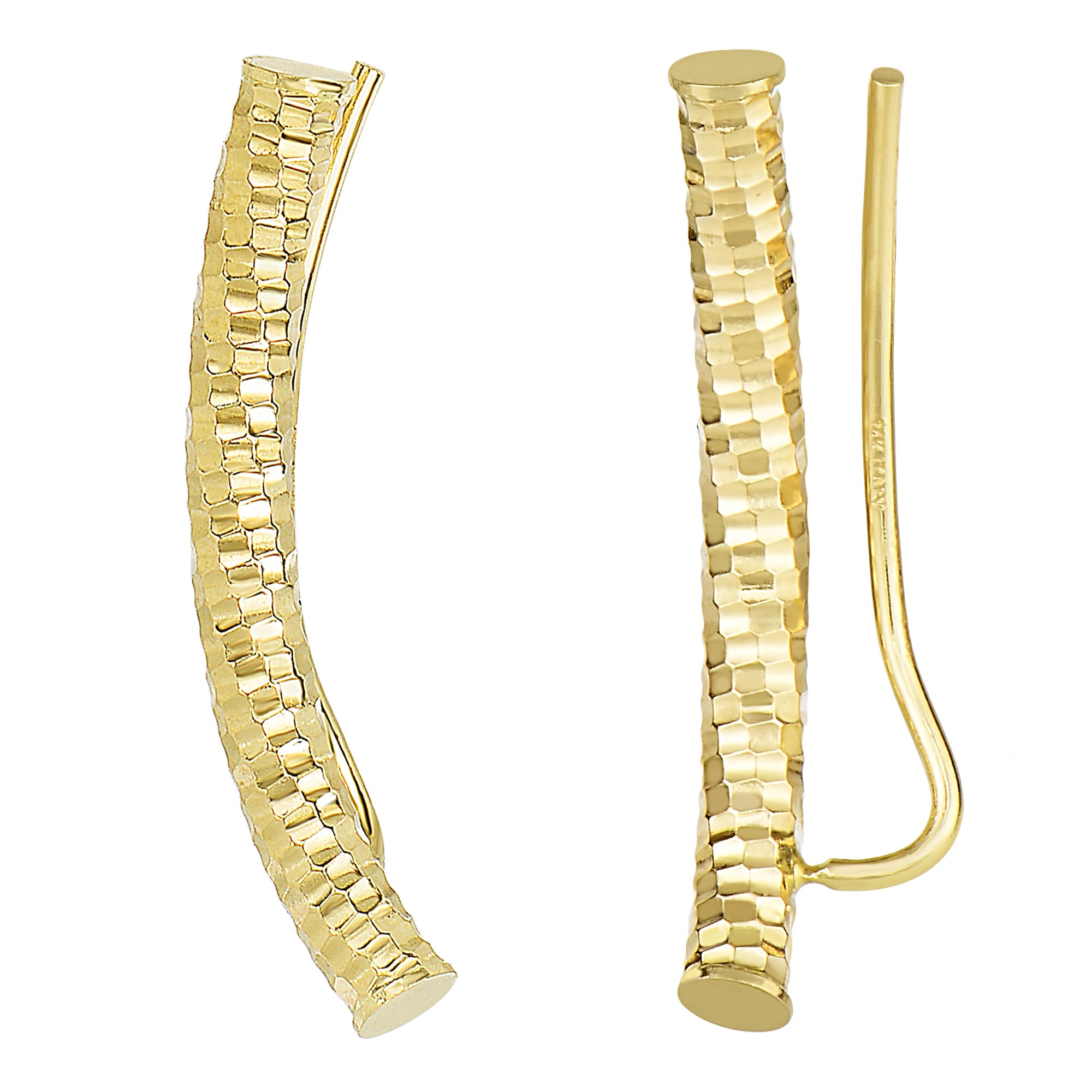 14k Yellow Gold Shinny Diamond Cut Round Tube Curved Climber Earrings fine designer jewelry for men and women