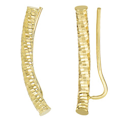 14k Yellow Gold Shinny Diamond Cut Round Tube Curved Climber Earrings fine designer jewelry for men and women
