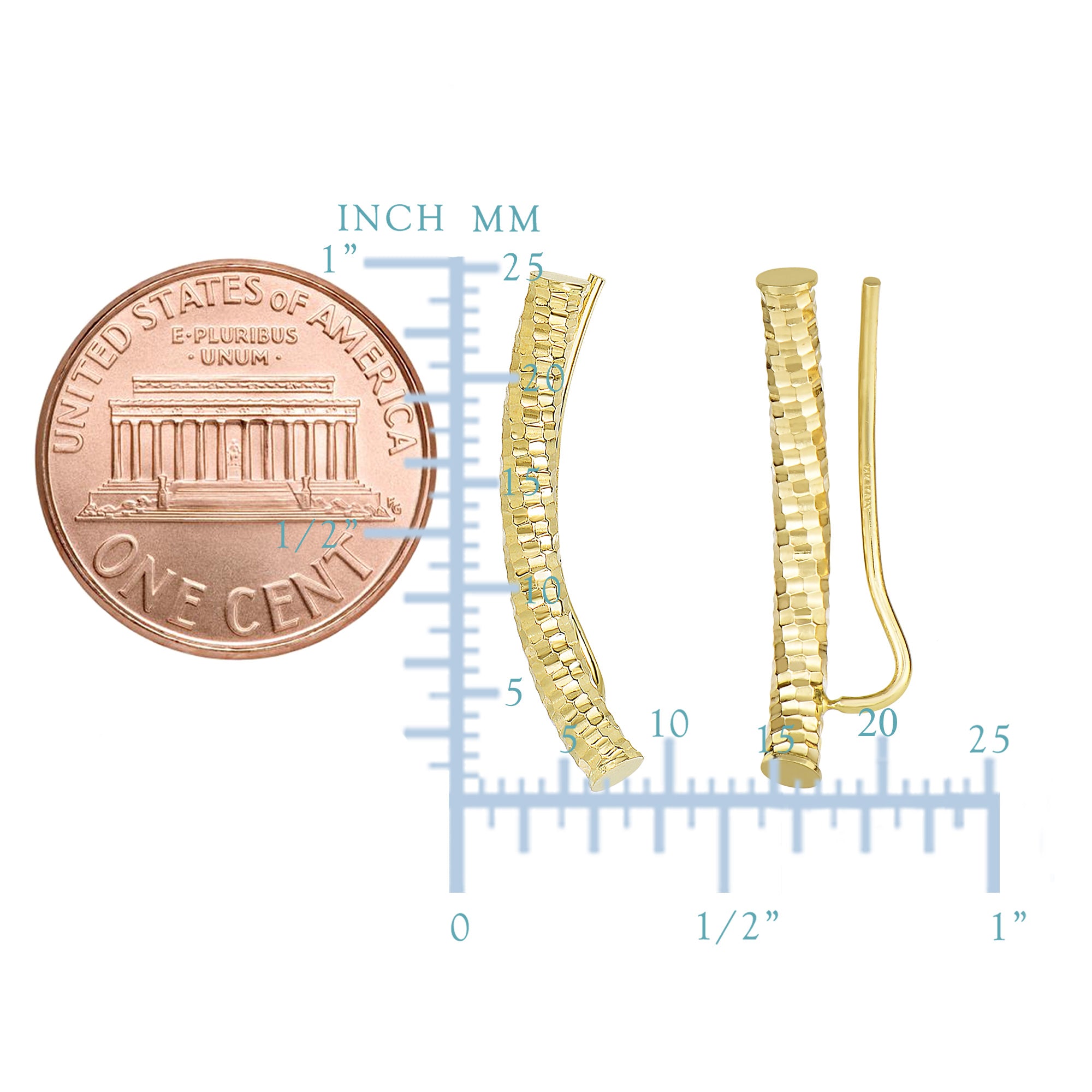 14k Yellow Gold Shinny Diamond Cut Round Tube Curved Climber Earrings fine designer jewelry for men and women