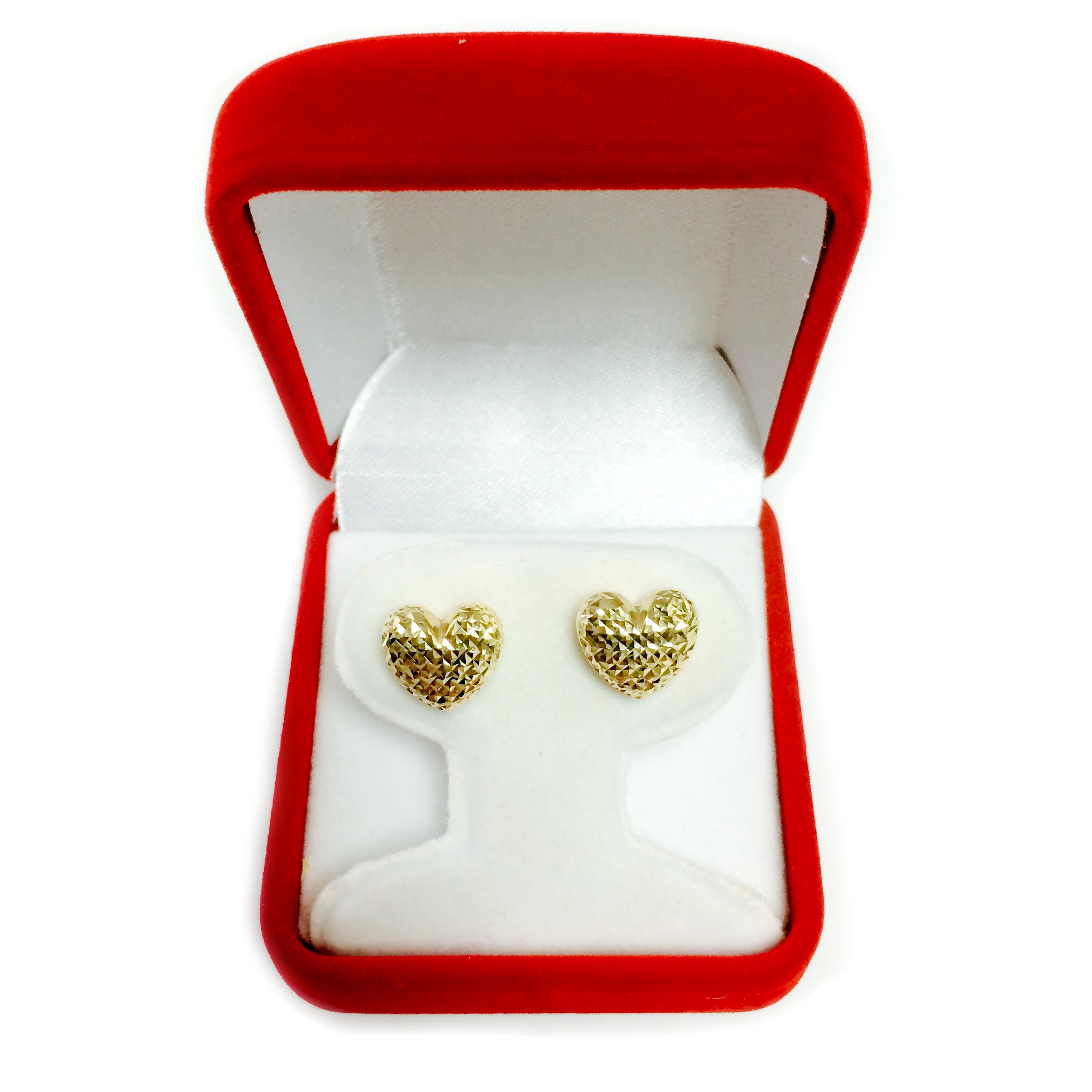 14k Gold Diamond Cut Puffy Heart Stud Earrings, 10 x 11mm