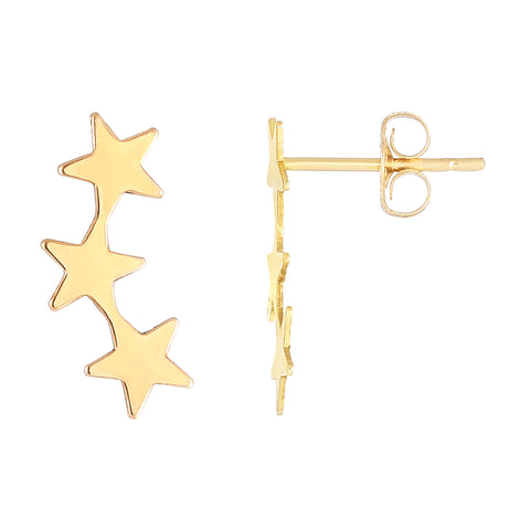 14K Yellow Gold 3 Star Climber Stud Earrings
