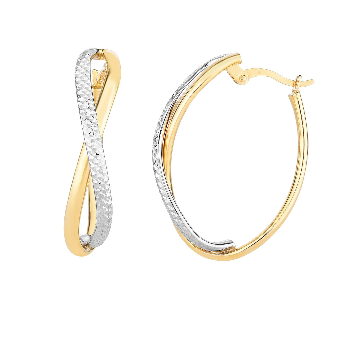 14K Yellow And White Gold Diamond Cut Two Tone Infinity Oval Hoop Earrings fine designer jewelry for men and women
