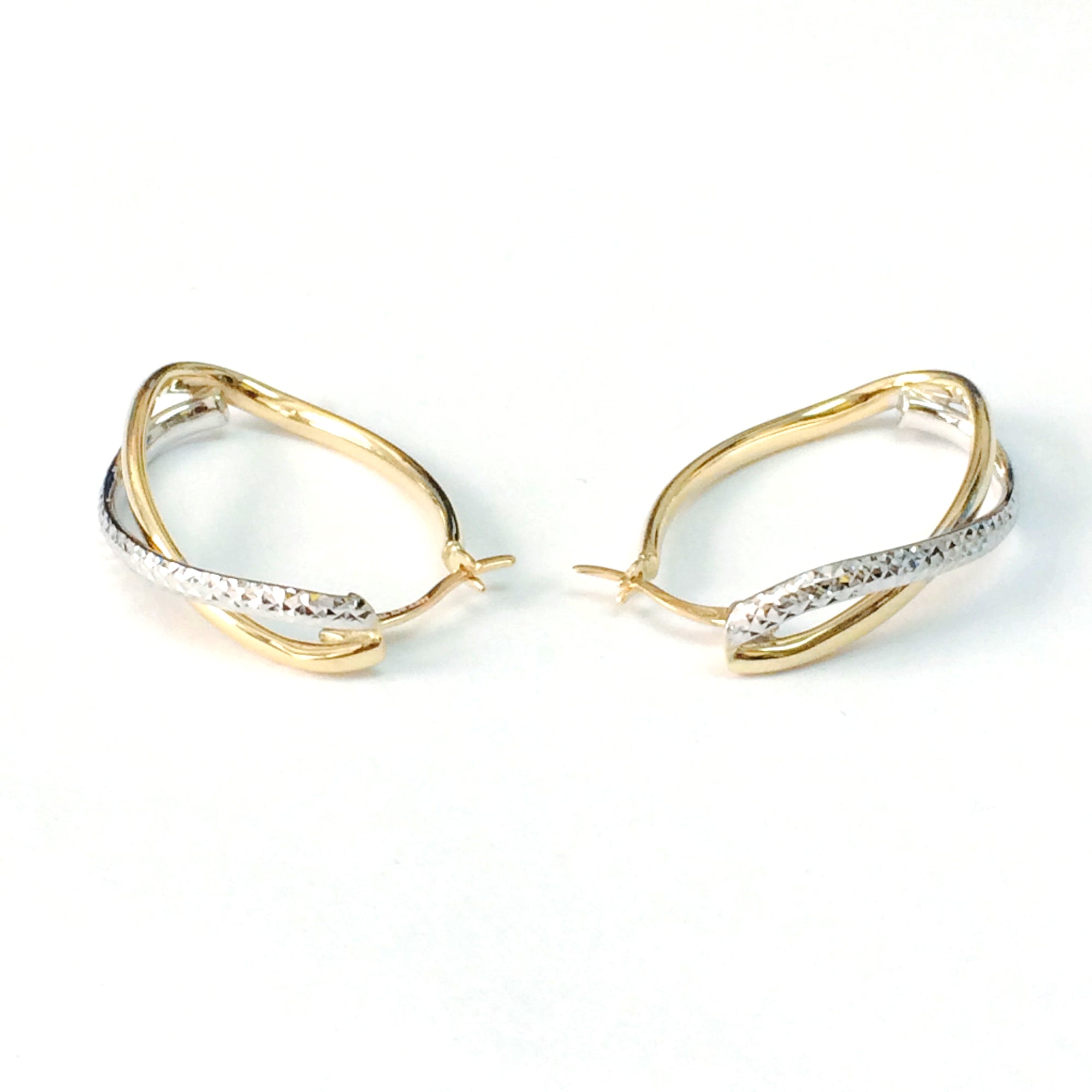 14K Yellow And White Gold Diamond Cut Two Tone Infinity Oval Hoop Earrings fine designer jewelry for men and women