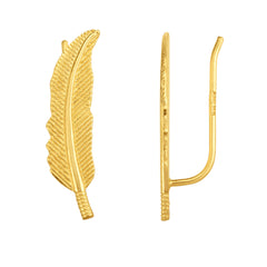 14K Yellow Gold Feather Leaf Design Climber Earrings