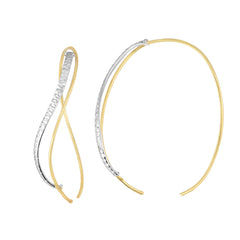 14k Yellow And White Gold Diamond Cut Single Tube Into Double Oval Hoop Earrings