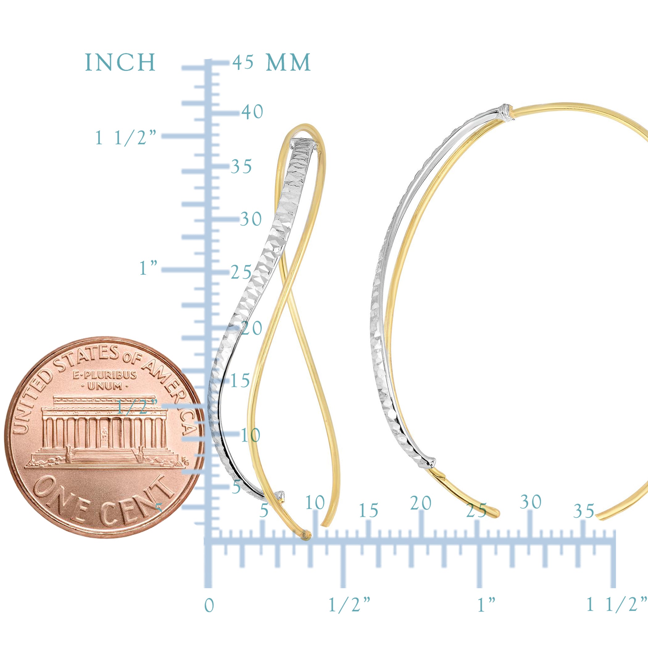 14k Yellow And White Gold Diamond Cut Single Tube Into Double Oval Hoop Earrings fine designer jewelry for men and women