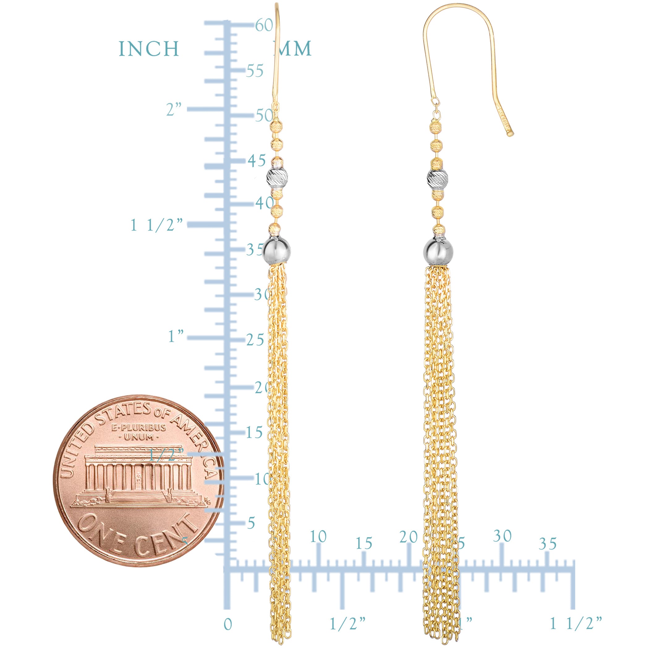 14K Two Tone Gold Diamond Cut Beads With Cable Chain Tassel Drop Earrings