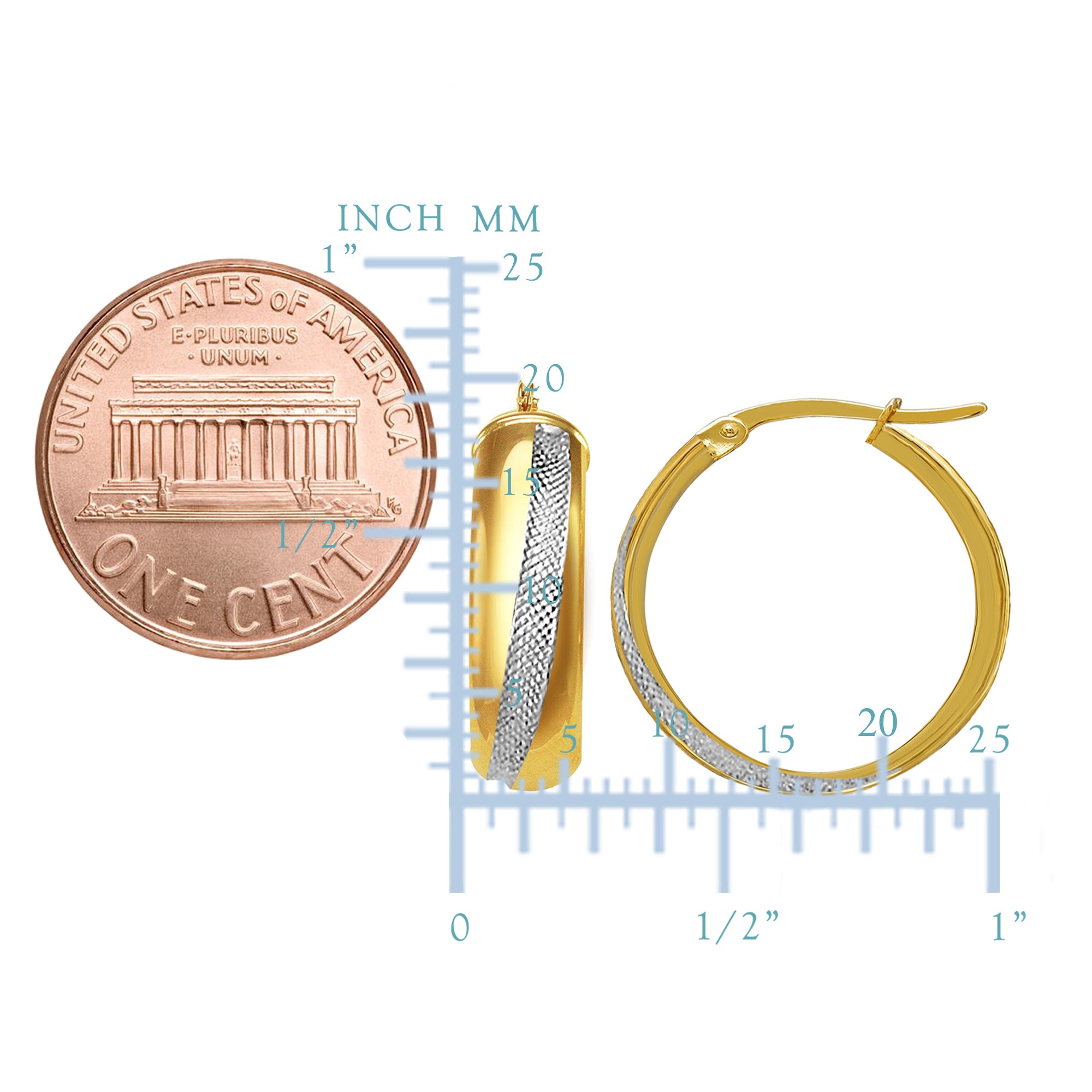 14K 2 Tone Gold Round Tube Hoop Earrings, Diameter 20mm fine designer jewelry for men and women