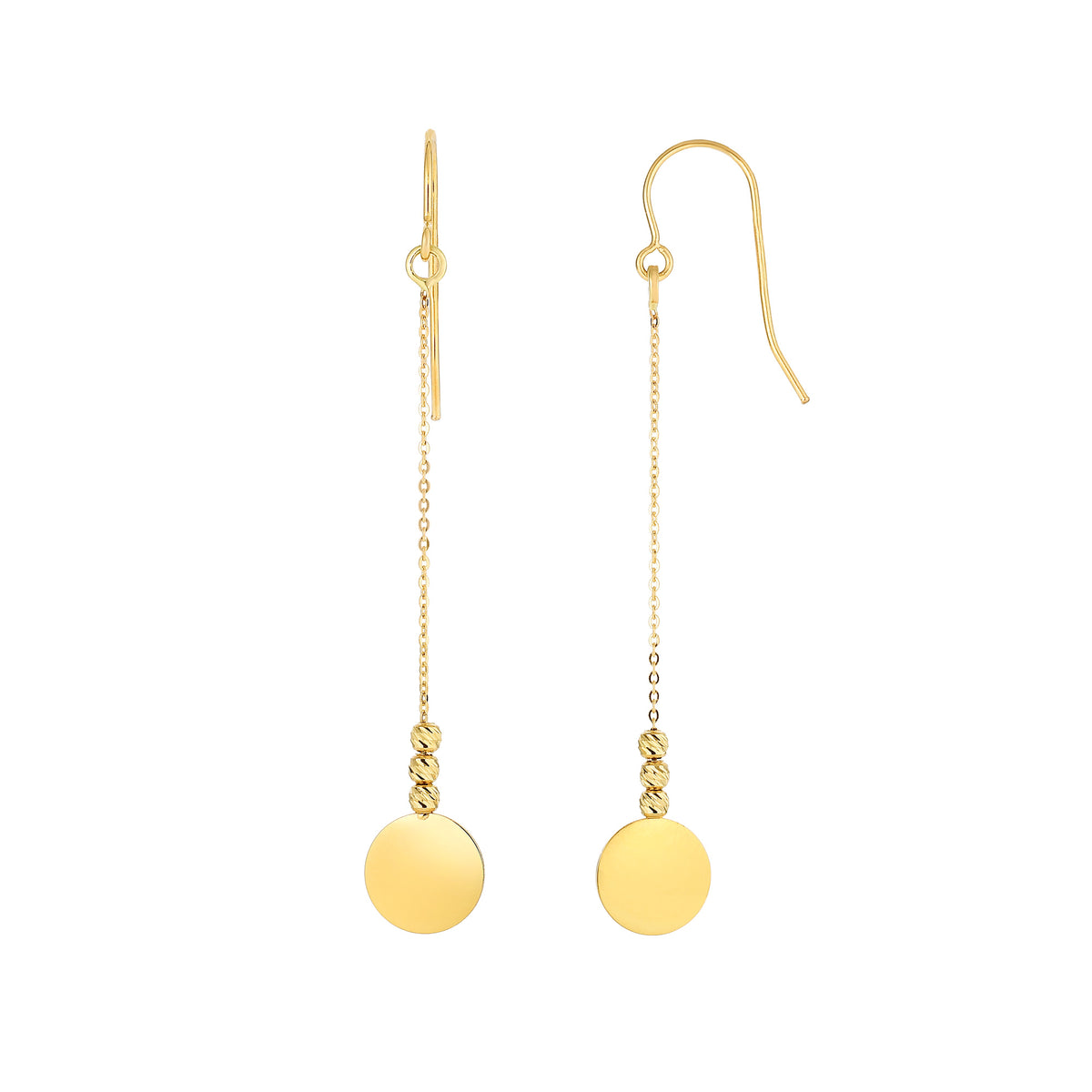 Perle taillée en diamant en or jaune 14 carats avec disque plat brillant, boucles d'oreilles pendantes, bijoux de créateur fins pour hommes et femmes
