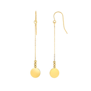 14K Yellow Gold Diamond Cut Bead With Flat Shiny Disc Drop Earrings