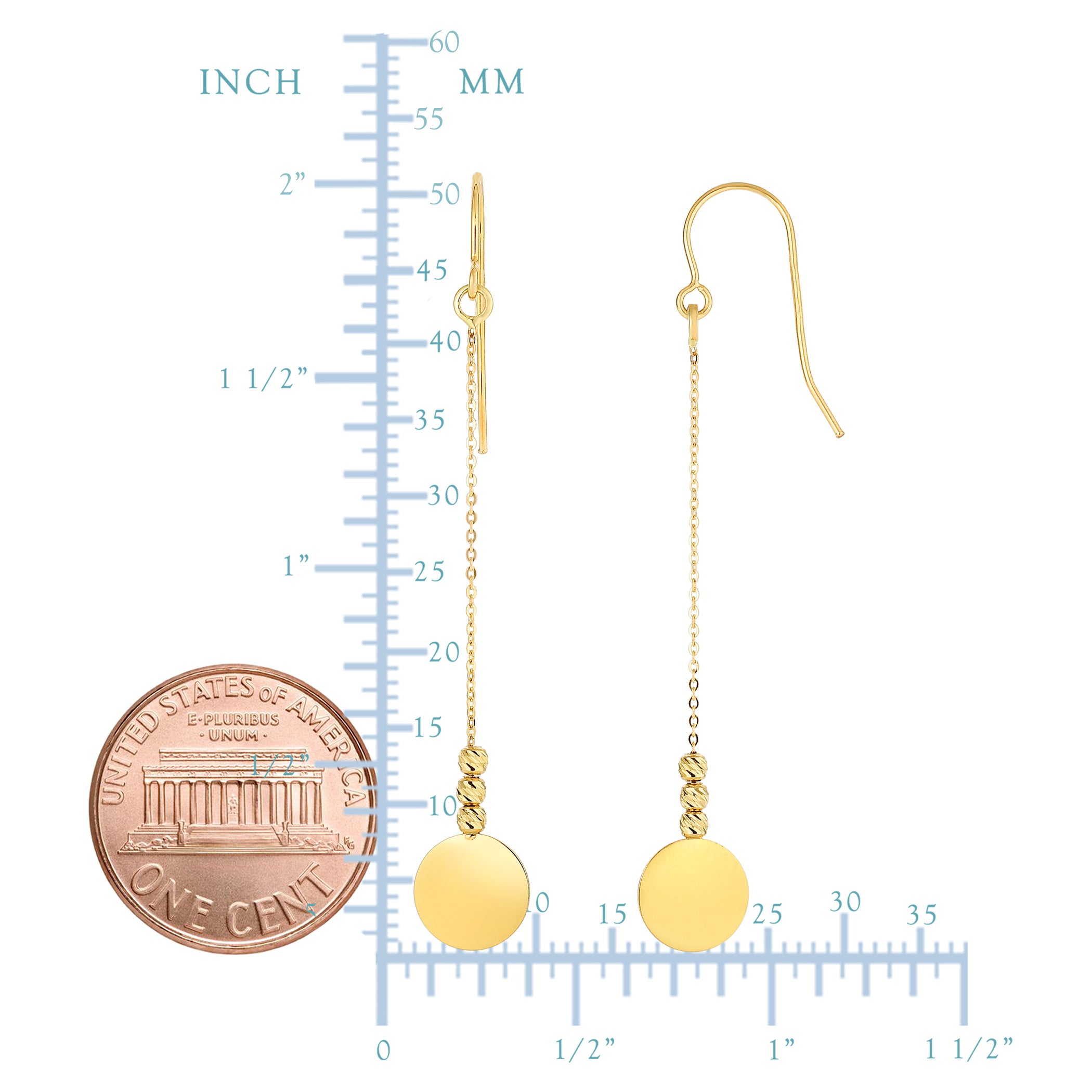 14K Yellow Gold Diamond Cut Bead With Flat Shiny Disc Drop Earrings