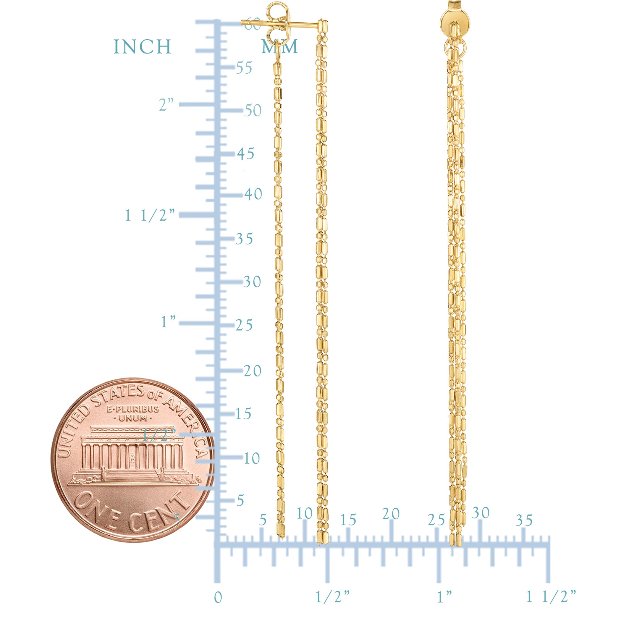 14K Yellow Gold Diamond Cut Bead Chain Front And Back Style Drop Earrings fine designer jewelry for men and women