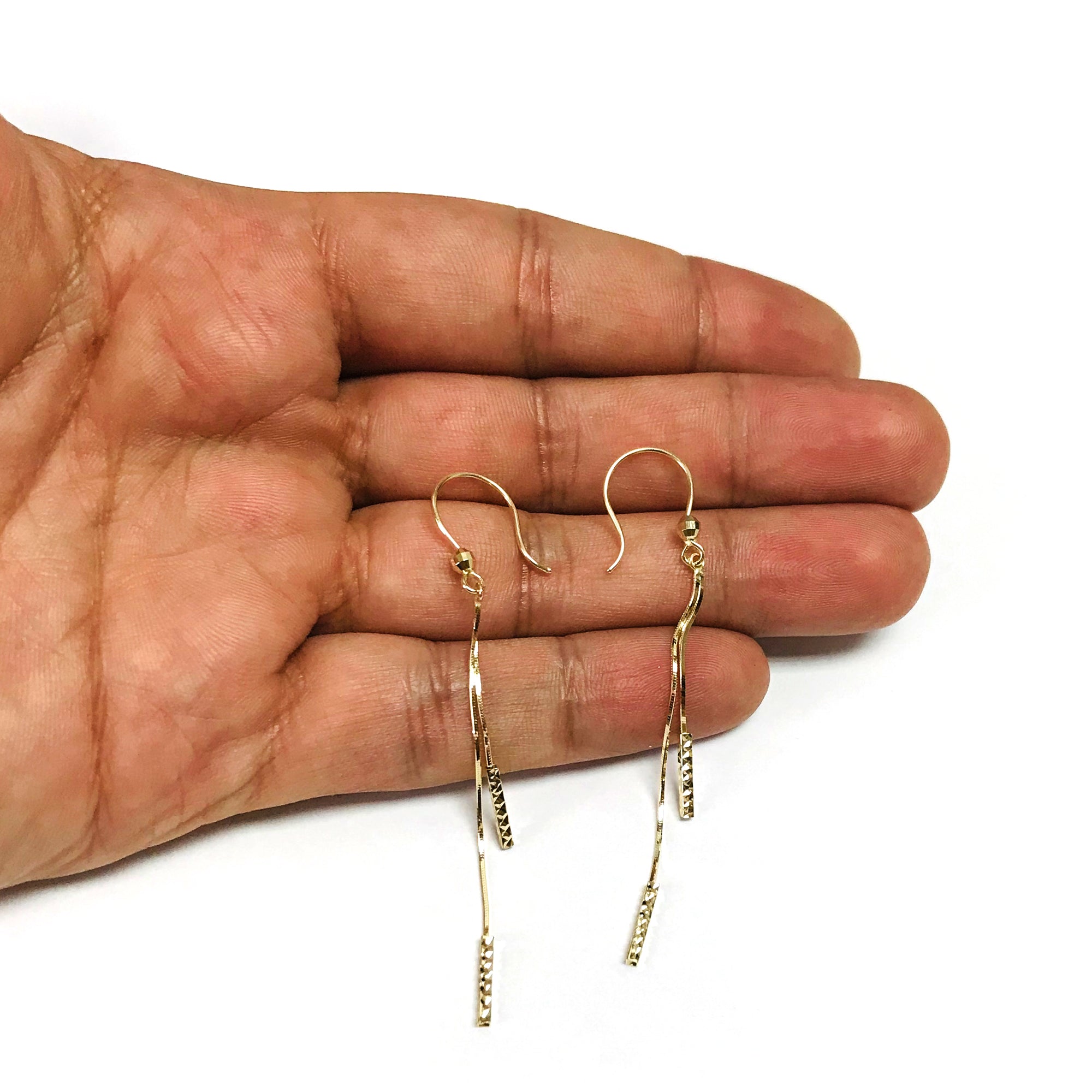 14K Yellow Gold Diamond Cut Tube Cylinders On Chain Drop Earrings fine designer jewelry for men and women