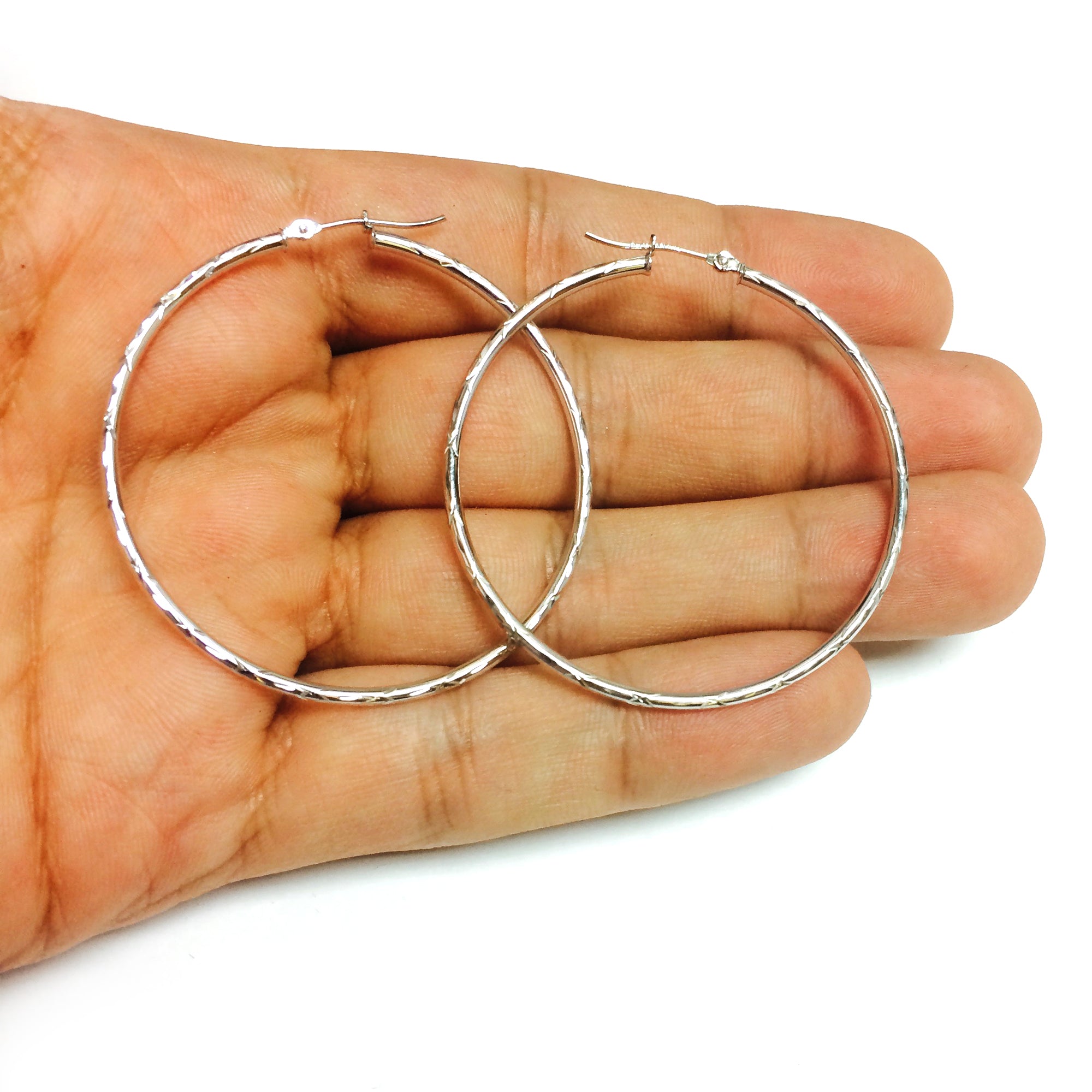 14K White Gold Diamond Cut Round Hoop Earrings fine designer jewelry for men and women