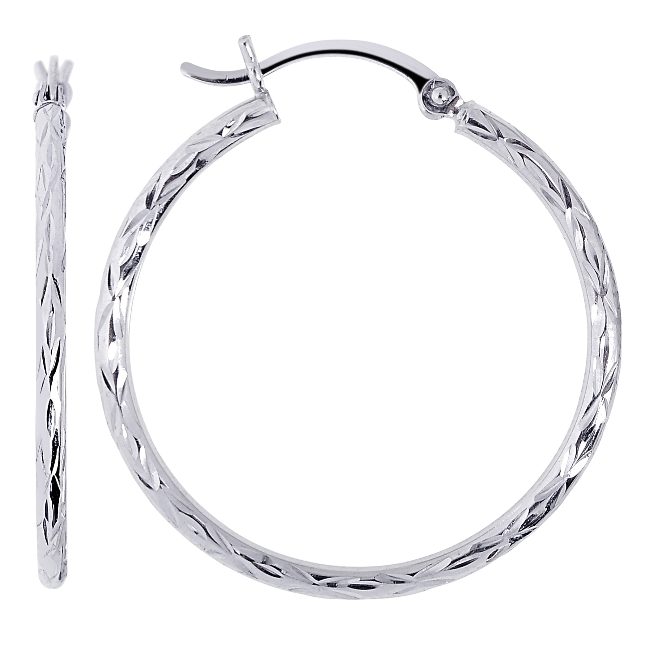 14K White Gold Diamond Cut Round Hoop Earrings fine designer jewelry for men and women