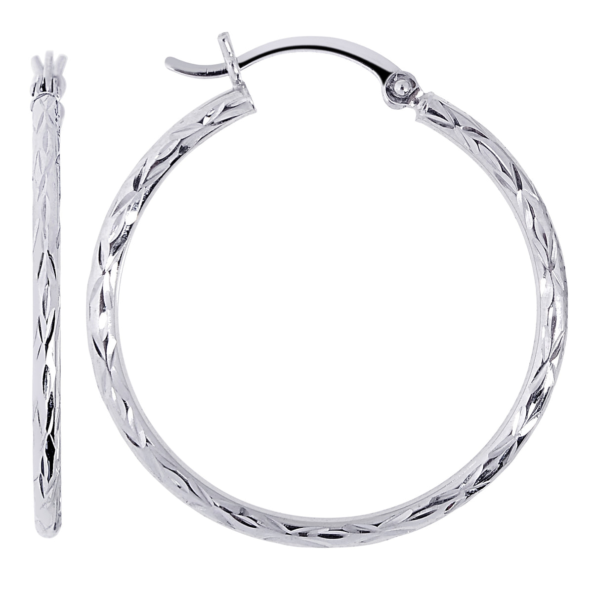 14K White Gold Diamond Cut Round Hoop Earrings fine designer jewelry for men and women