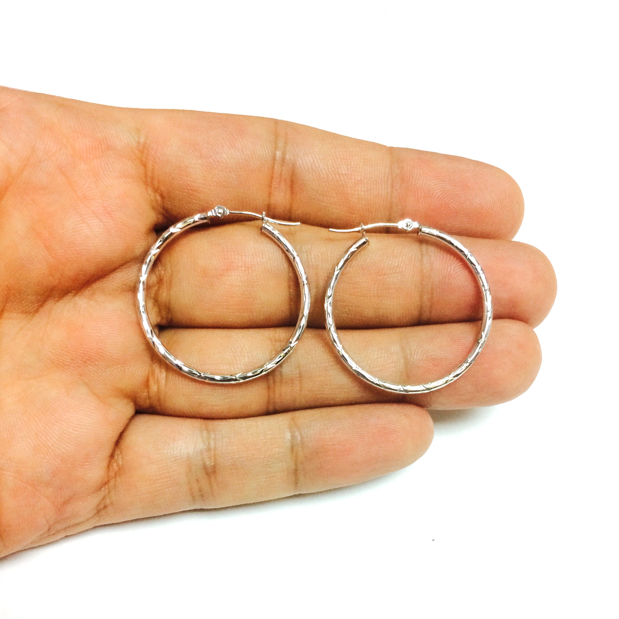 14K White Gold Diamond Cut Round Hoop Earrings fine designer jewelry for men and women