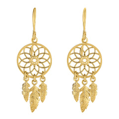 Boucles d'oreilles lustre attrape-rêves en or jaune 14 carats, bijoux de créateur fins pour hommes et femmes