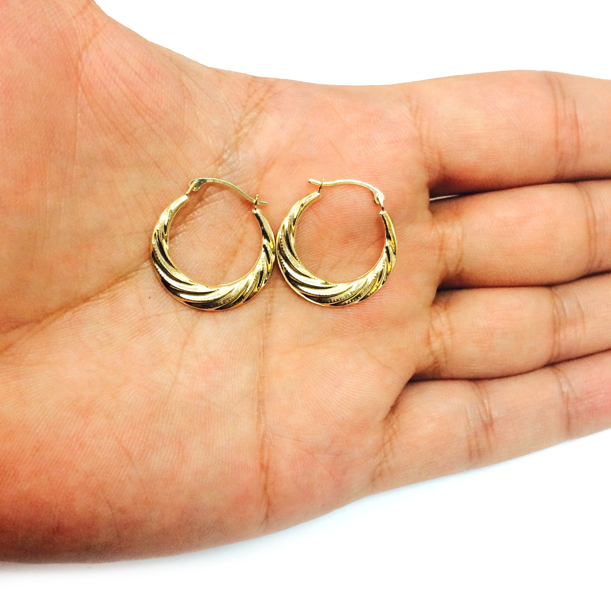 10k gul guld Swirl teksturerede graduerede runde bøjle øreringe, diameter 20 mm fine designersmykker til mænd og kvinder