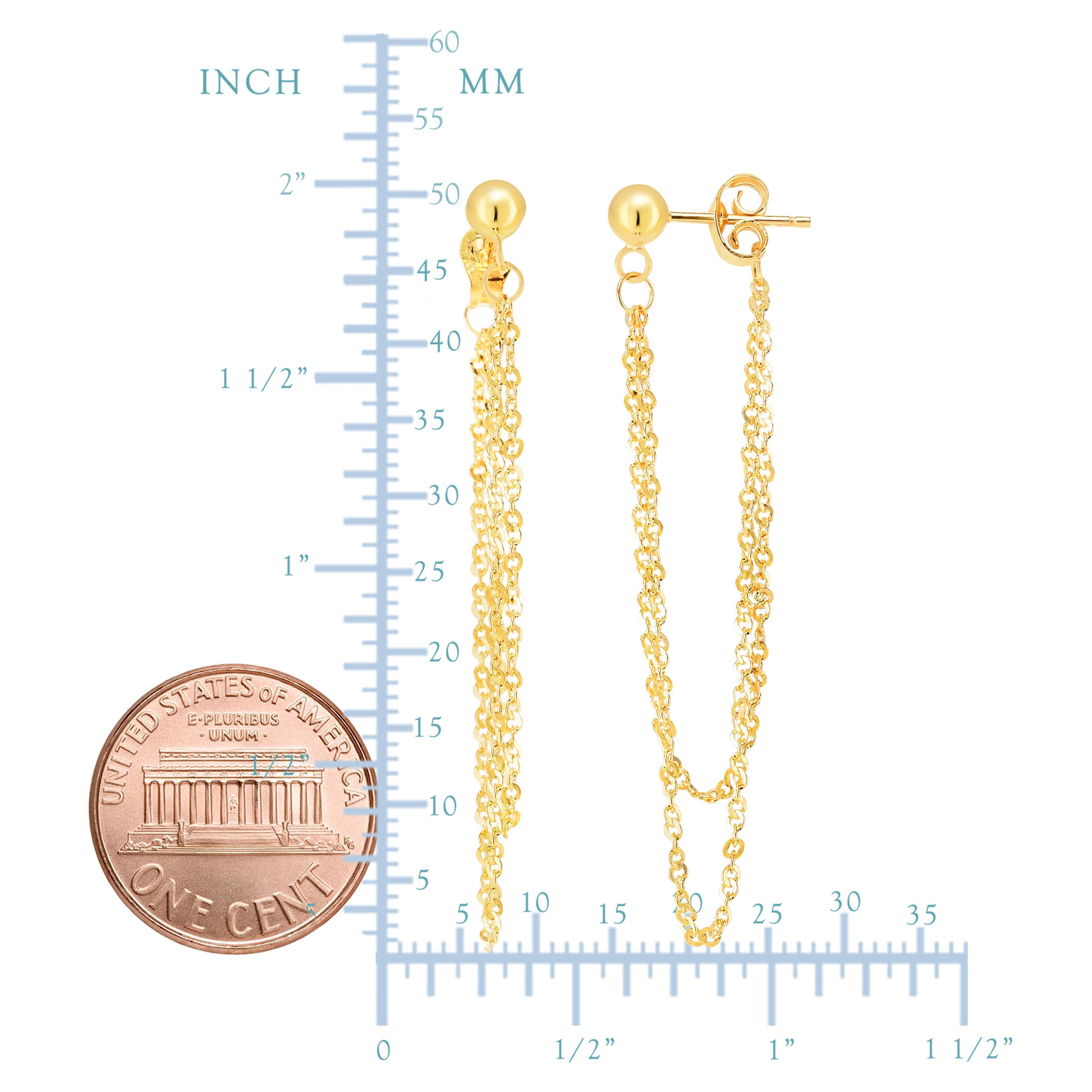 14K Yellow Gold Multi Stranded Cable Chain Front And Back Style Drop Earrings fine designer jewelry for men and women