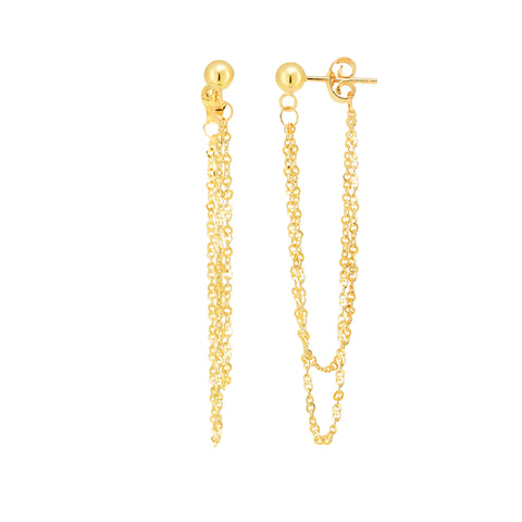 14K Yellow Gold Multi Stranded Cable Chain Front And Back Style Drop Earrings