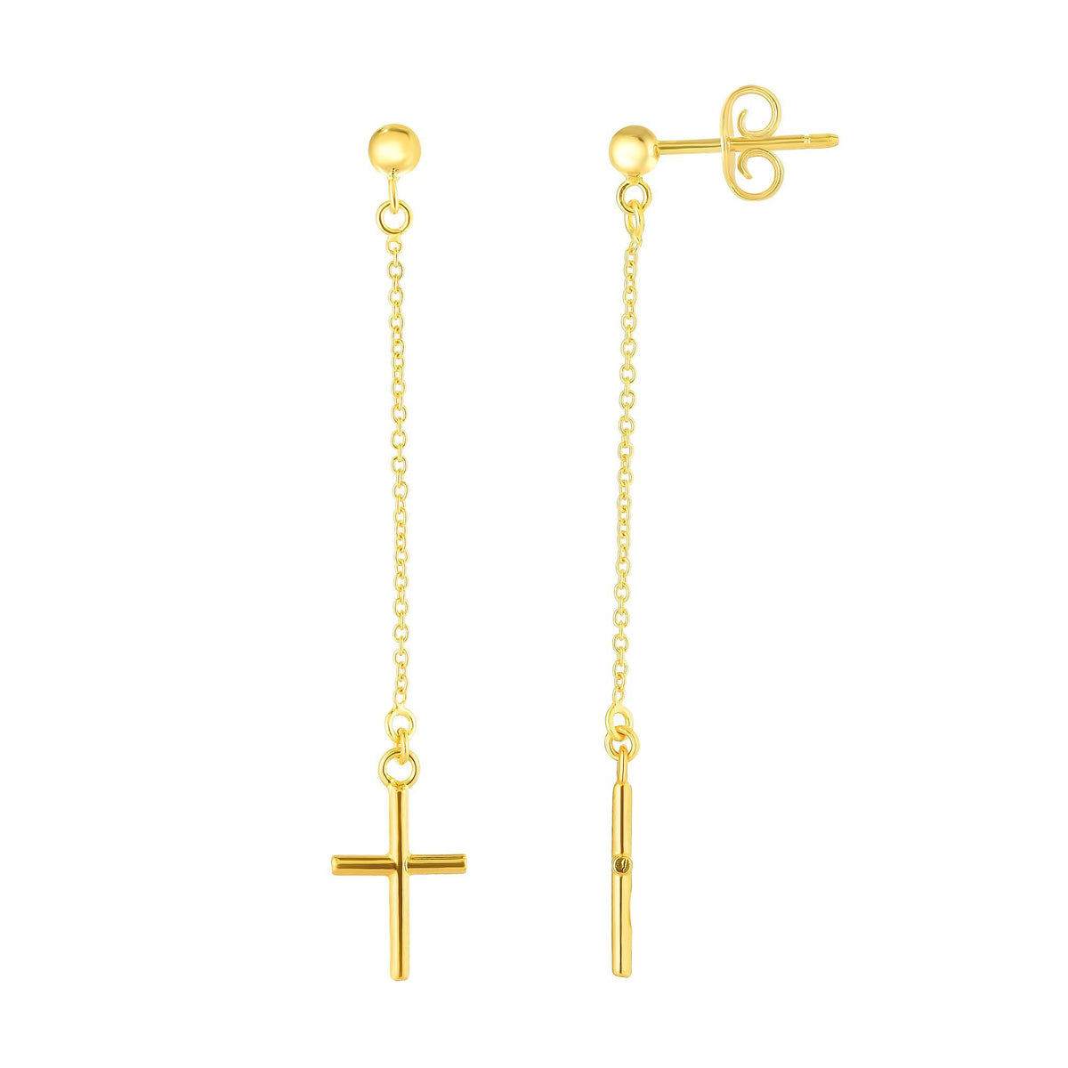 14K Yellow Gold Hanging Cross Charm Earrings
