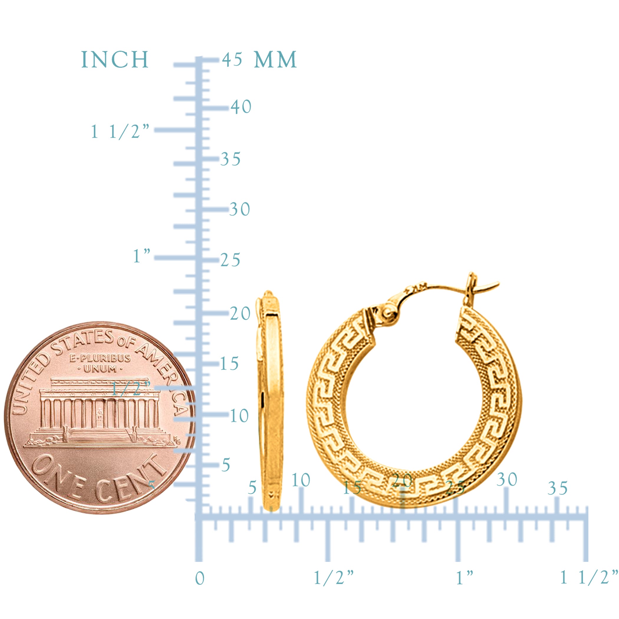 14K Yellow Gold Small Greek Key Textured Hoop Earrings, Diameter 22mm