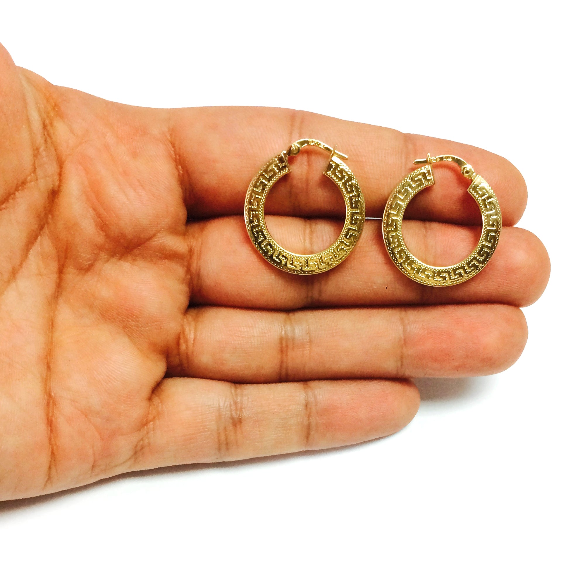14K Yellow Gold Small Greek Key Textured Hoop Earrings, Diameter 22mm