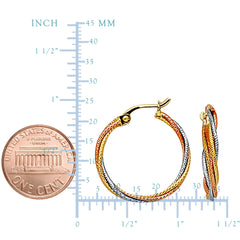 14K 3 Tone Rose Yellow And White Gold Round Braided Tube Hoop Earrings, Diameter 22mm fine designer jewelry for men and women